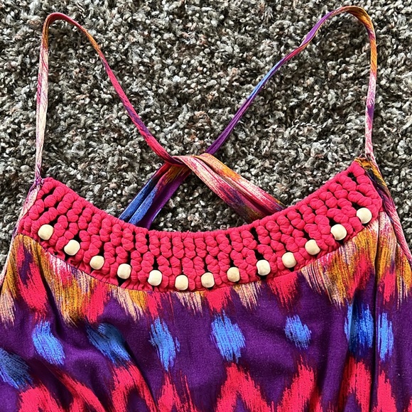 Mossimo Rayon Crochet, Wood Bead Colorful Zig Zag Halter Maxi Dress, Size Medium - Picture 11 of 13